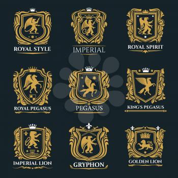 Royal badges and emblems of vector golden shields with heraldic lions, crowns and eagle, king or knight swords, pegasus and griffins, castle towers and fleur-de-lis. Coat of arms, heraldry themes