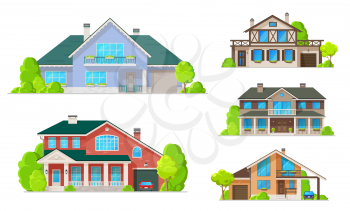 House building icons of village homes and cottages, villas and mansions vector design. Real estate and architecture, exterior of double storey houses with windows, facades and doors, roofs and garages