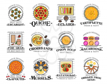 French cuisine dishes with meat, vegetable, seafood and dessert icons. Vector croissant, ratatouille and quiche pie, mussels, clafoutis tart and escargot snails, onion soup, foie gras and macaron