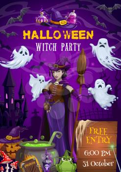 Witch party vector invitation of Halloween trick or treat. Horror ghosts, bats and spooky pumpkin, evil witch with hat, broom and potion cauldron, haunted house, spellbook, graveyard and tombstones