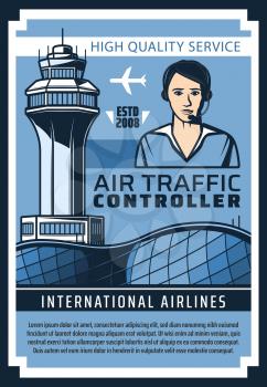 Air traffic control service vector poster of flight controller with headset, control tower, airport building and plane or airplane of international airlines. Aircraft staff, aviation safety design