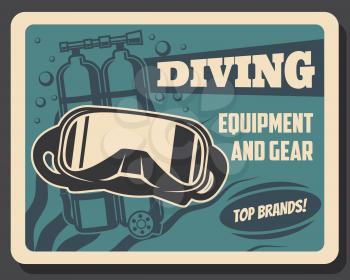 Diving equipment and scuba diver gears retro banner. Vector underwater diving mask and self contained underwater breathing apparatus or aqualung, oxygen bubbles and seaweed
