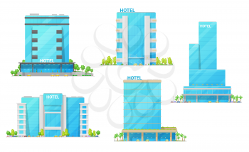 Hotel building vector icons of city house modern exteriors. Town skyscrapers, motels and rent appartments with glass and steel facades, luxury entrances, windows and balcony. Hospitality industry
