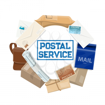 Postal service vector icon of mail delivery design. Parcels, letters and post office packages, envelopes, stamps and postman bag, mailbox, newspaper and postage seal frame. Correspondence themes