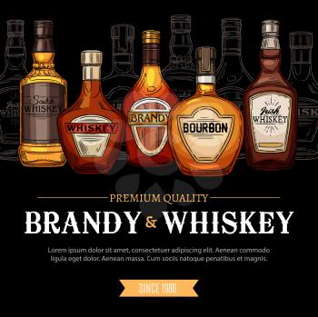 Brandy and whiskey elite alcohol drinks. Vector Irish and Bourbon whiskey sketches and glass bottles high spirit drinks, party beverages. Vodka and cognac, scotch and gin, brandy and rum retro spirits