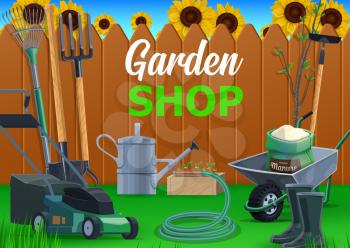 Garden tool shop with vector farm and agriculture equipment. Shovel, rake and fork, spade, watering can and hose, wheelbarrow, hoe and pitchfork, boots and lawn mower on green grass with fence, plants