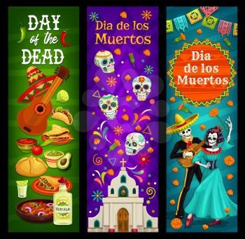 Dia de los Muertos sugar skulls and skeletons vector design of Day of the Dead. Mexican religious holiday church, marigold flowers and sweet bread, musical festival guitar, sombrero hat and tequila