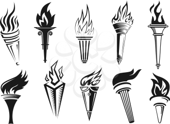 Torch flame vector symbols of victory, liberty, freedom and triumph. Burning torches with bright fire, medieval and modern handles, sport competition achievement, leadership and success design