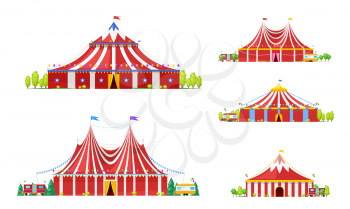 Circus tent or carnival marquee vector icons with red and white strips, open entrances and festive flags, balloons, bunting and stars. Amusement park, funfair performance and entertainment design