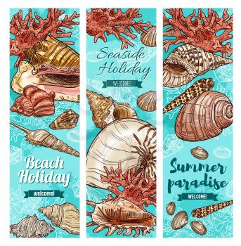 Seashells and corals sketch banners of summer paradise and beach holiday vector design. Sea shells of tropical ocean mollusk, marine snails and clams, scallops, conchs and pink corals