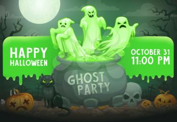 Halloween ghost party vector invitation with horror holiday monsters on cemetery. Evil spirits and phantoms flying out of witch cauldron, scary pumpkins, skeleton skull and black cat