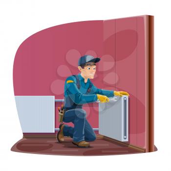 Radiator repair, home heating convector installation service. Vector worker man or repairman in uniform with hand tools spanner and wrenches repair house heater radiator