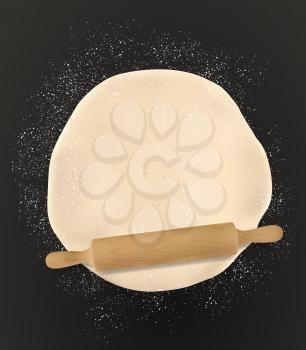 Rolling pin and homemade pastry dough, bakery flour on table, 3d realistic top view. Vector pizza dough kneading with rolling pin, patisserie, wheat and rye bread baking. Domestic bread pastry cooking