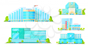 Hospital buildings, emergency and ambulance clinic, modern city architecture icons. Vector hospital buildings and infrastructure, ambulance cars and helicopters at facade entrance