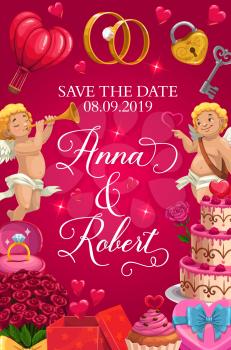 Save the date, invitation on wedding party, lettering of bride and groom names. Vector frame of love symbols, flower bouquets, cake and hearts. Welcome on engagement ceremony, cupids and bridal rings