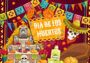 Day of Dead, Mexican Dia de los Muertos holiday, catrina skull in sombrero hat and pecked paper flags. Vector Day of Dead traditional altar photos, coffin and tequila, candles and marigold flowers