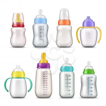 Baby milk bottles 3d mockup templates. Vector realistic baby feeding bottles with cup caps, pacifier nipples, color plastic handles and capacity volume measure lines, baby care package mock ups