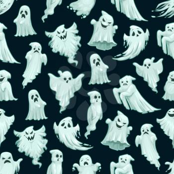 Halloween ghost or poltergeist monster seamless pattern. Vector Trick or Treat Halloween party cartoon horror evil boo on black scary background
