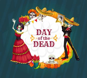 Dancing skeletons of Mexican Day of the Dead holiday vector design with sugar skulls, marigold flowers and Catrina calavera. Halloween festival sombrero, mariachi mustache and flamenco dancer dress