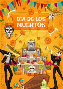 Dia de los Muertos, Mexican Day of Dead fiesta party, skeletons in sombrero play music. Vector Day of Dead Mexico celebration, catrina calavera skull and photos with marigold flowers on altar