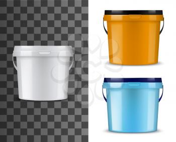 Bucket or pail vector mockups with plastic packages of paint or finishing building materials. Blank packs or cans with lids and handles 3d template of white, orange and blue containers