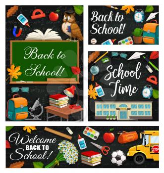 School time, 1st September start of studying, chalkboards with formulas. Vector stationery items and blackboard, flowers and bus. School building, wise owl, scissors and protractor, backpack and pen