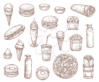 Fast food sketch menu icons, burgers, pizza and sandwiches. Vector fastfood meal and snacks sketch, hamburger with potato fries, Mexican burrito and doner or chicken wrap, milkshake, coffee and soda