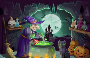 Halloween witch preparing potion in cauldron. Cartoon old woman sorceress in purple hat, pumpkins, bats and broomstick, black cat, magic poison and skull candlestick, autumn holidays vector design
