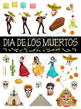 Day of Dead Mexican holiday symbols and Dia de los Muertos party icons. Vector Dia de los Muertos fiesta skeletons in sombreros, dancing calavera skulls, altar with marigold flowers and maracas