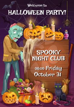 Spooky night club invitation on Halloween party. Vector zombie and Jack lanterns, wooden board, burning candles and potion. Trick or treats, sweet food snacks, cobweb and spiders, bats in dark
