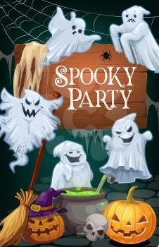 Halloween spooky party vector invitation with horror ghosts, pumpkin lanterns and skeleton skull, witch potion cauldron, broom and spider net. Autumn holiday celebration and trick or treating themes