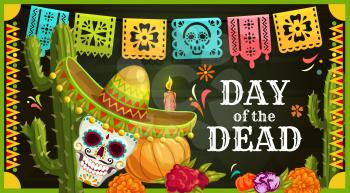 Day of the Dead Mexican sugar skull with sombrero vector greeting card. Dia de los Muertos altar with marigold flowers, candle and paper cut flag garland, Halloween pumpkin and cactus