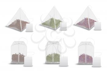 Tea bag pyramids with labels, realistic 3D mockup templates. Vector isolated teabags, pyramids and rectangles with black and green tea leaf, fruit of floral brew bags with blank tags