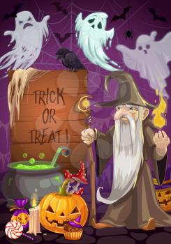 Evil wizard cooking poison potion in cauldron on Halloween night. Vector holiday of horrors, flying ghosts and bats, raven on board with tick or treat lettering. Pumpkin lanterns, candle and sweets