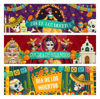 Day of Dead or Dia de los Muertos Mexican holiday banners of celebration traditional symbols. Vector woman head with calavera skull, altar with photos and pecked paper flags, skeleton playing guitar