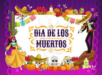 Mexican Day of the Dead vector design with skulls and Halloween pumpkins. Catrina and mariachi skeleton dancing with Dia de los Muertos festival sombrero, dress and maracas, altar with marigold flower