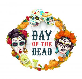 Dia de los Muertos, Day of Dead Mexican fiesta party, woman catrina calavera skull in marigold flowers wreath. Vector Day of Dead holiday in Mexico poster, altar photos, pumpkins and Mexican tequila
