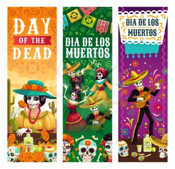 Dia de los Muertos, Mexican Day of Dead fiesta banners, skeletons in sombrero play maracas and dance at party. Vector Day of Dead celebration, Mexico flags, skulls, marigold flowers and tequila