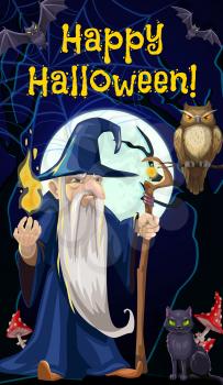 Happy Halloween holiday celebration poster, evil wizard sorcerer man with magic stick cane and candle light in haunted forest. Vector Halloween spooky witch black cat, owl and bat in spider web