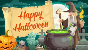 Halloween holiday, spooky night and evil wizard. Vector old man with scepter and fire, potion and gravestones and cemetery, zombie hand and pumpkin, skull and moon, magic and cauldron, parchment ingot