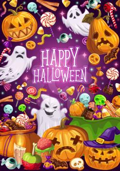 Happy Halloween, Jack lanterns and ghosts, trick or treat. Vector warm and spider, bat and witch hat, lollipop and cane candy, jelly and marmalade. Chocolate and cookies, cupcake and candle, skull