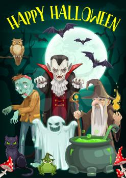 Halloween night horror monster vector characters of ghost, dracula vampire and zombie, black cat, bats and evil wizard with full moon and potion cauldron. Halloween holiday trick or treat party design
