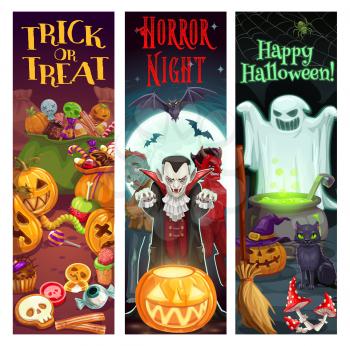 Halloween party pumpkin, scary ghost and monsters on trick or treat night party. Vector Happy Halloween banners with evil candies, dracula and zombie hand, witch broomstick and bats on moon