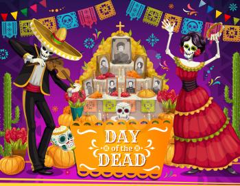 Day of the Dead Mexican holiday dancing skeletons near altar vector greeting card. Mariachi skeleton and Catrina with sombrero, sugar skulls and marigold flowers, cactus and festive bunting garland