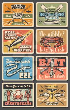 Sea fishing vintage posters, big fish catch and fisherman tackles store. Vector wood or rubber boat and canoe rental, baits and lures sale for squid, crab and shrimps or eel and carp fishing
