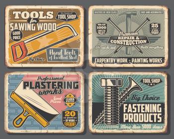 Vector fastening bolts and screws, plastering and woodwork handyman tools, hammers with nails and wood saw. Construction tools shop vintage posters, house remodeling and renovation service