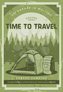 Camping adventure, mountain and forest wild nature travel trips. Vector tourist camp tent, tourist backpack, scout expedition and extreme wilderness exploration hiking club