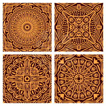 Arabesque seamless pattern vector background. Orange and brown background of Muslim geometric decoration, oriental flower and star in circle ornament motif pattern