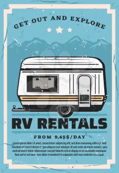 Car trailer travel, RV family camper caravan rental service. Vector road camping adventure, camp truck or motorhome in mountain park, extreme hiking and outdoor holiday vacation