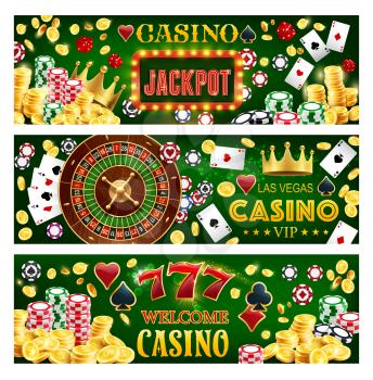 Casino poker gambling roulette, jackpot big win and lucky 7 banners. Casino vector poker cards and wheel of fortune, gamble chips, golden cash coins and crown, game dice and card suits
